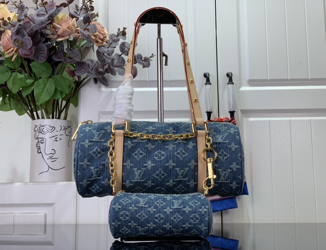 最高級ルイヴィトンスーパーコピー ルイヴィトンバッグコピー 新作 LV リミックス パピヨン MM ブルーデニム M46830 モノグラム・デニム ゴールド金具