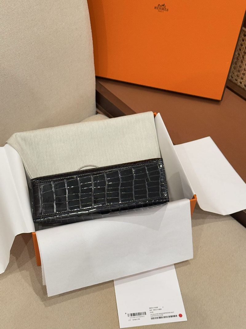 HERMES ポシェットケリー 黒 ブラック クロコダイル アリゲーターマット シルバー金具 2526003 ポシェットケリー クロコ - 画像 (8)