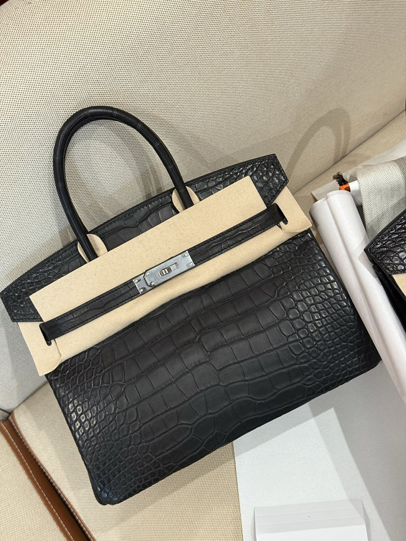 レディース エルメス バッグ HERMES バーキン25 黒 ブラック クロコダイル アリゲーターマット シルバー金具 2526026 バーキン クロコ 定価 - 画像 (8)