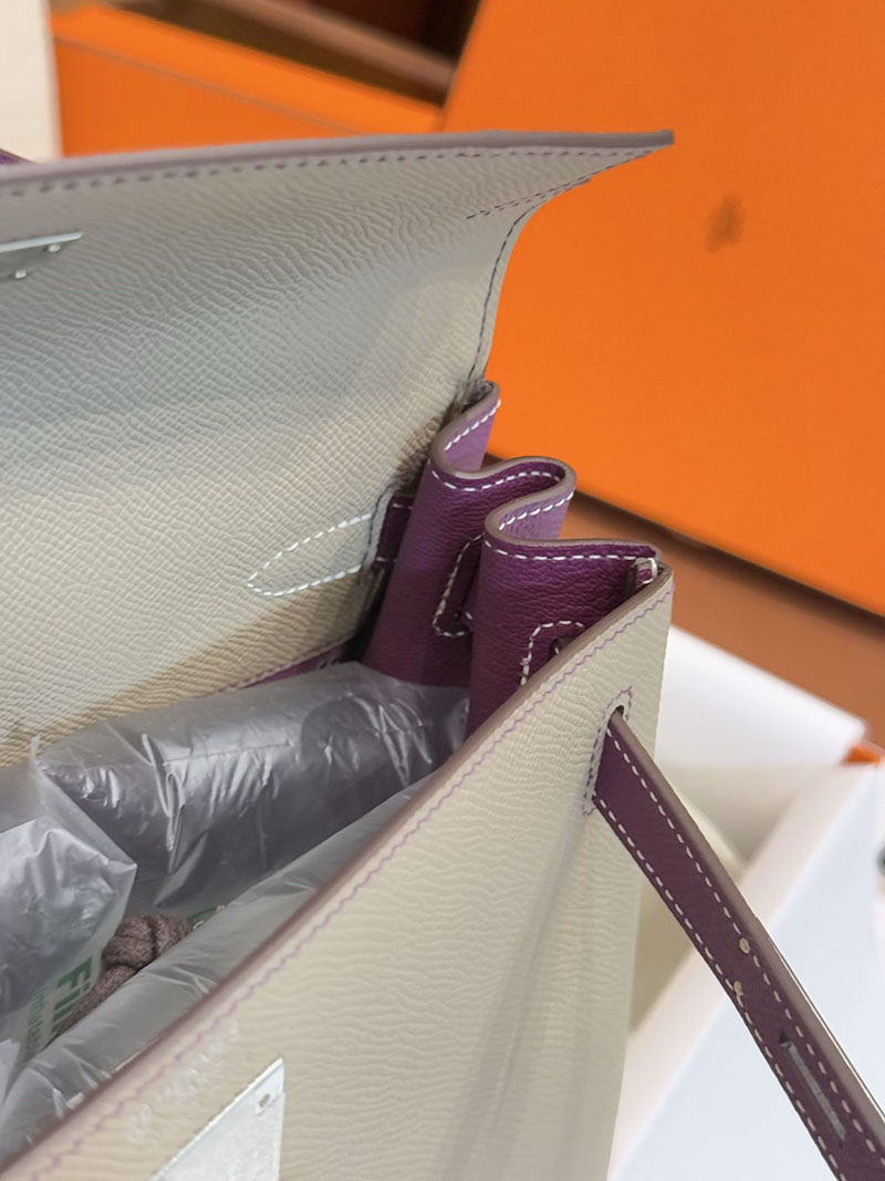 今 流行り の バック レディース ブランド HERMES ケリー25 内縫い トゥルティールグレー/アネモネ ヴォーエプソン シルバー金具 2627527 - 画像 (6)