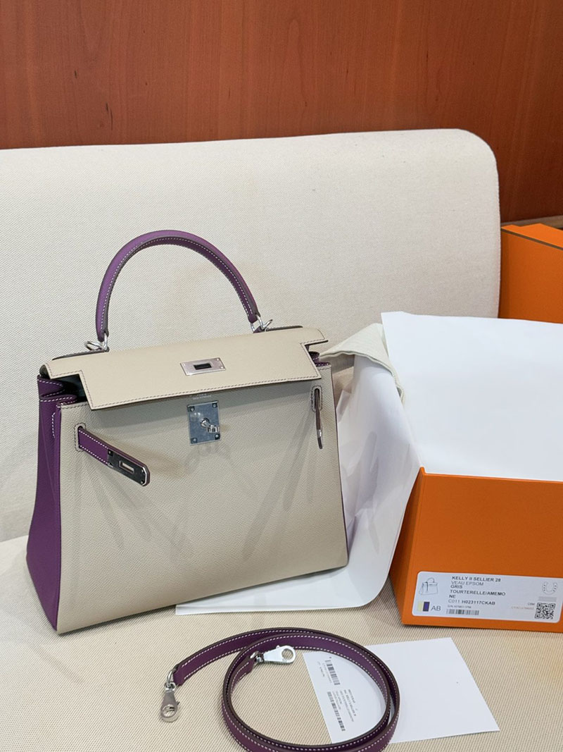 今 流行り の バック レディース ブランド HERMES ケリー25 内縫い トゥルティールグレー/アネモネ ヴォーエプソン シルバー金具 2627527 - 画像 (4)