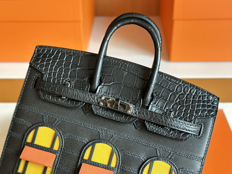 HERMES バーキン20cm セリエ フォーブル ミッドナイト クロ×ジョーヌアンブル×オレンジ ヴォー・マダム×クロコダイル アリゲーターマット×スイフト ブラック金具 2627855 - 画像 (5)