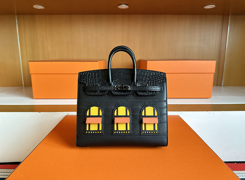 HERMES バーキン20cm セリエ フォーブル ミッドナイト クロ×ジョーヌアンブル×オレンジ ヴォー・マダム×クロコダイル アリゲーターマット×スイフト ブラック金具 2627855 - 画像 (14)