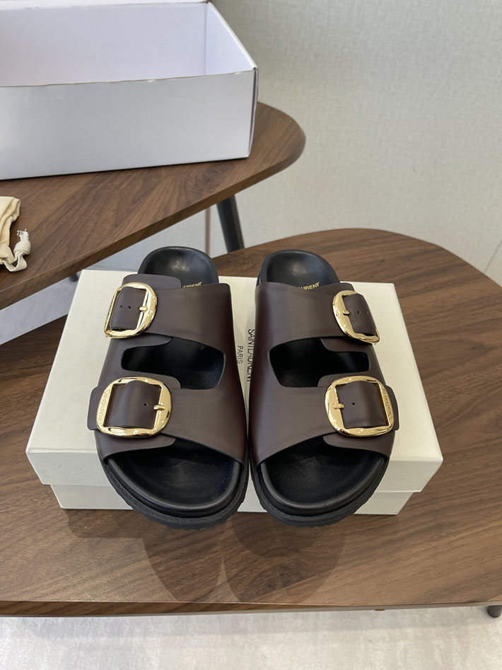 最高級サンローランスーパーコピー Saint Laurent レディース フラットサンダル メタルバックル 茶色 2630647 サン ローラン 靴 アウトレット - 画像 (3)