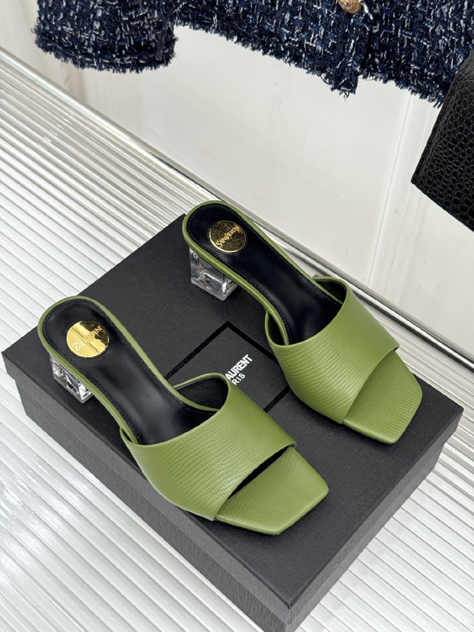 最高級サンローランスーパーコピー レディース クロスストラップ ミュール サンダル グリーン メタルヒール YSL ゴールド プレート イブサンローラン 靴 - 画像 (3)