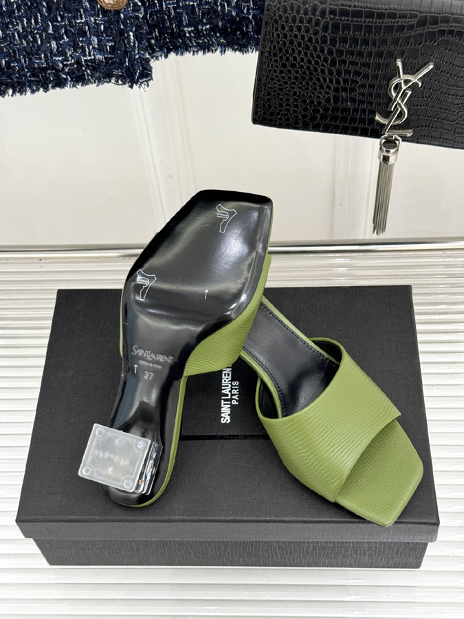 最高級サンローランスーパーコピー レディース クロスストラップ ミュール サンダル グリーン メタルヒール YSL ゴールド プレート イブサンローラン 靴 - 画像 (9)