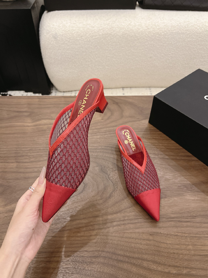 最高級シャネルスーパーコピー シャネル レッド ミュール パンプス メッシュ ポインテッドトゥ ブロック ヒール シャネルミュール新作 - 画像 (4)